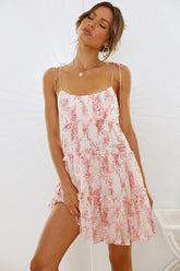 Floral Print Tied Up Cami Boat Neck Tiered Ruffle Backless Flowy Vacation Mini Dresses